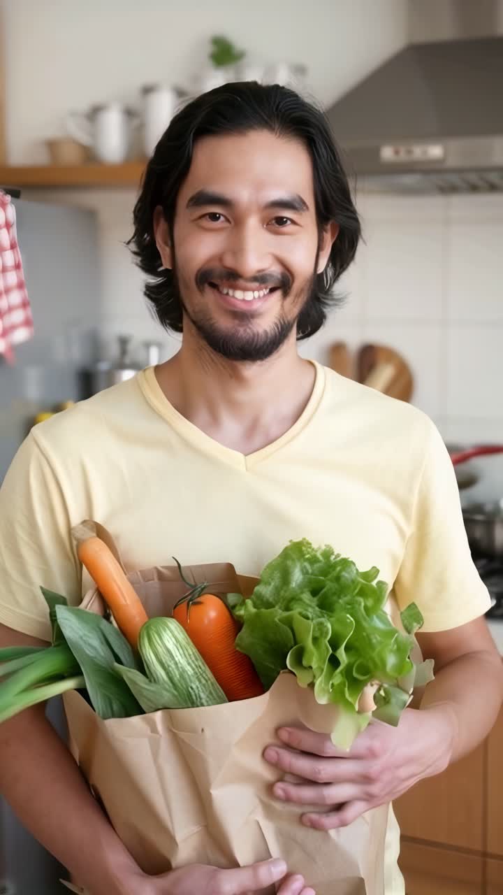 A latin man in a yellow shirt is holding a paper bag of vegetables. He is smiling in kitchen.