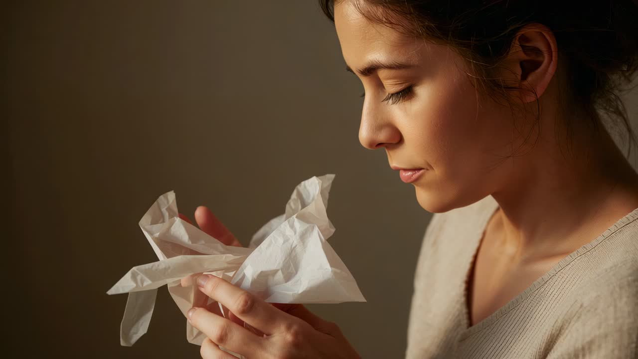 Glancing down woman in knit sweater unfolding, smoothing tissue in quiet room to check, copy space