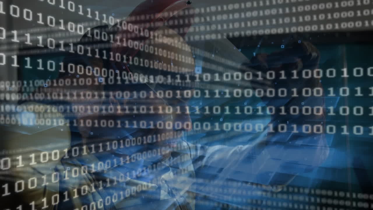 Man using VR headset interacting in virtual cybersecurity space, showing floating binary code