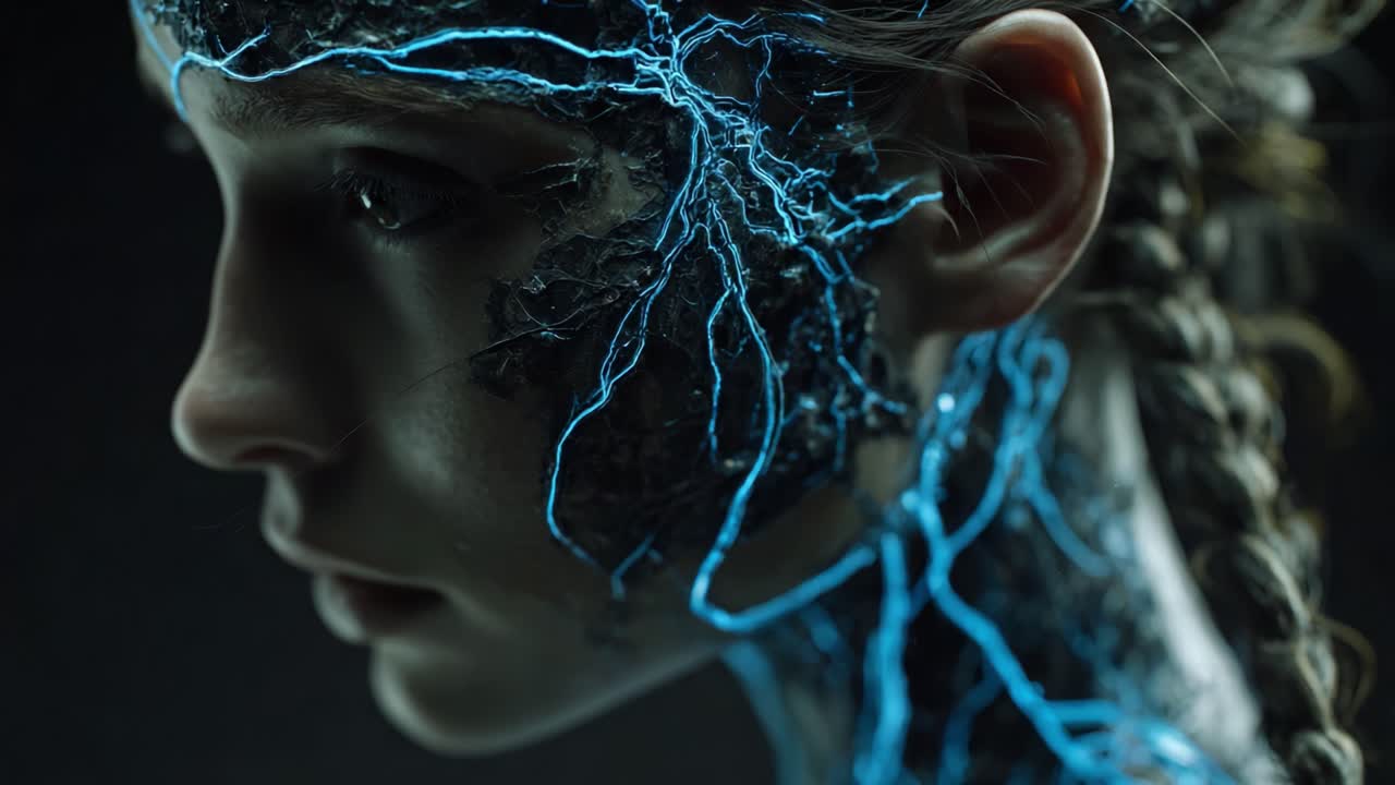 A Futuristic Portrait of a Young Woman with Cybernetic Enhancements Showcasing Bioluminescent Patterns and Intricate Electrical Designs Illuminating Her Face and Neck