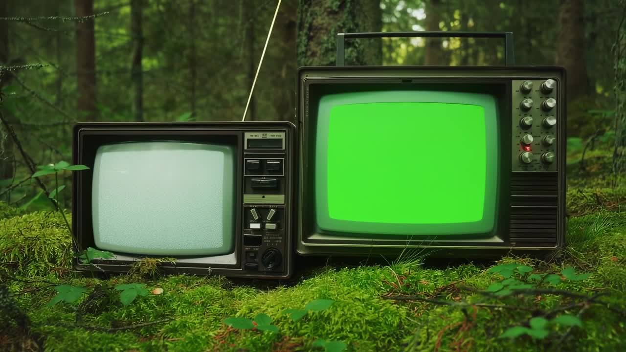 Vintage televisions displaying static and green screens, nestled in lush forest undergrowth, illustrating a unique blend of technology and nature in a captivating scene