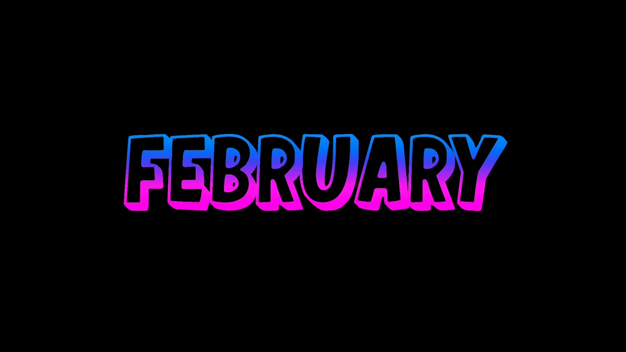 Animazione di testo neon "Febbraio" con effetto sfumato luminoso blu e rosa su sfondo nero. Tipografia luminosa moderna che presenta il mese di dicembre in uno stile neon vibrante.