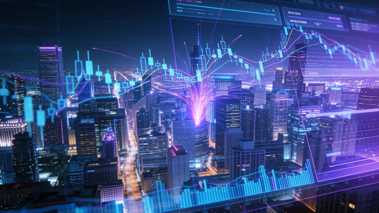 Animazione di un overlay del mercato in tempo reale sullo skyline notturno del centro città, con un'esplosione viola che fa pulsare le candele.