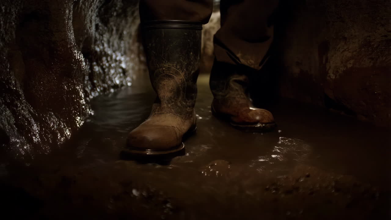 Person walking through a muddy underground tunnel
