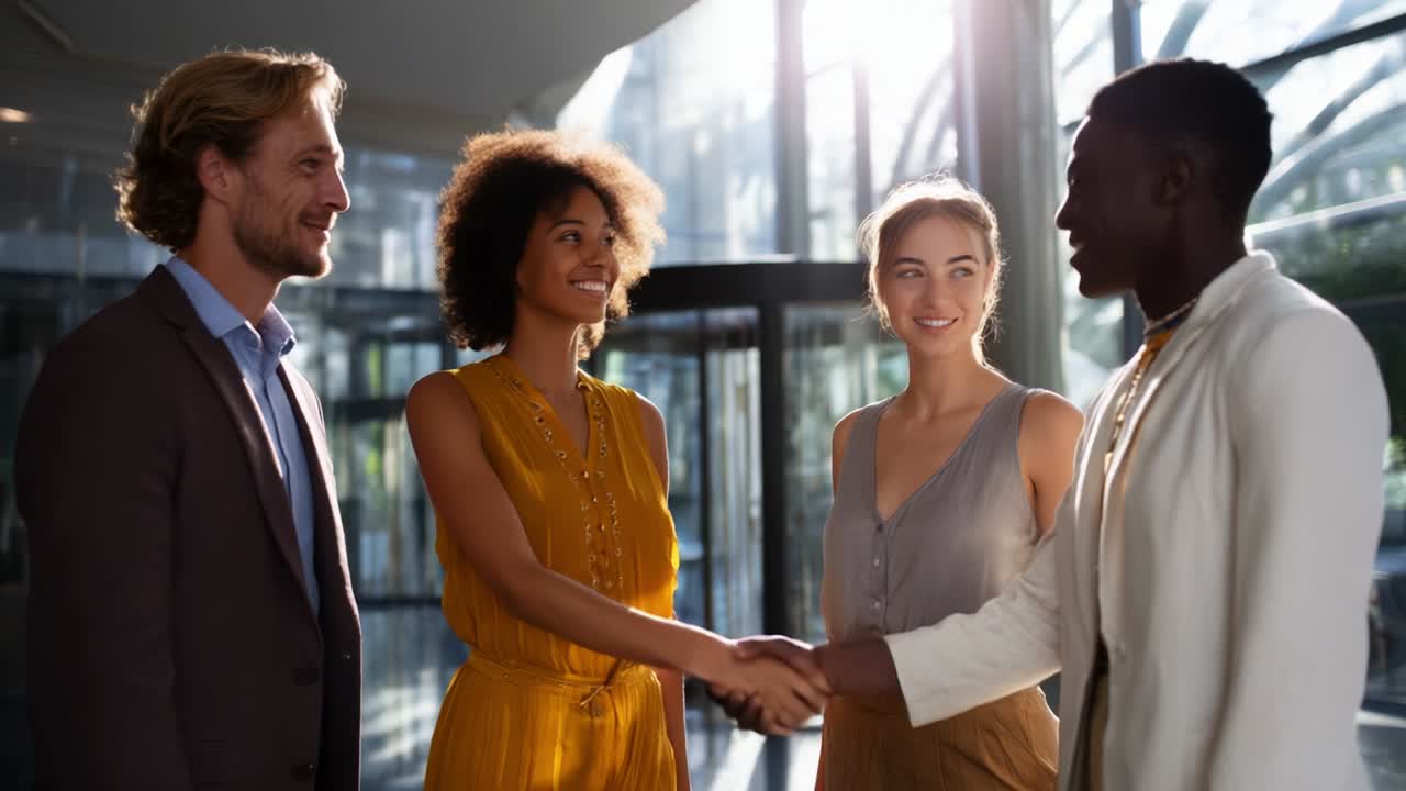 A Dynamic Meeting Among Four Professionals: Engaging Conversations and Friendly Handshakes in a Bright, Modern Workspace Setting