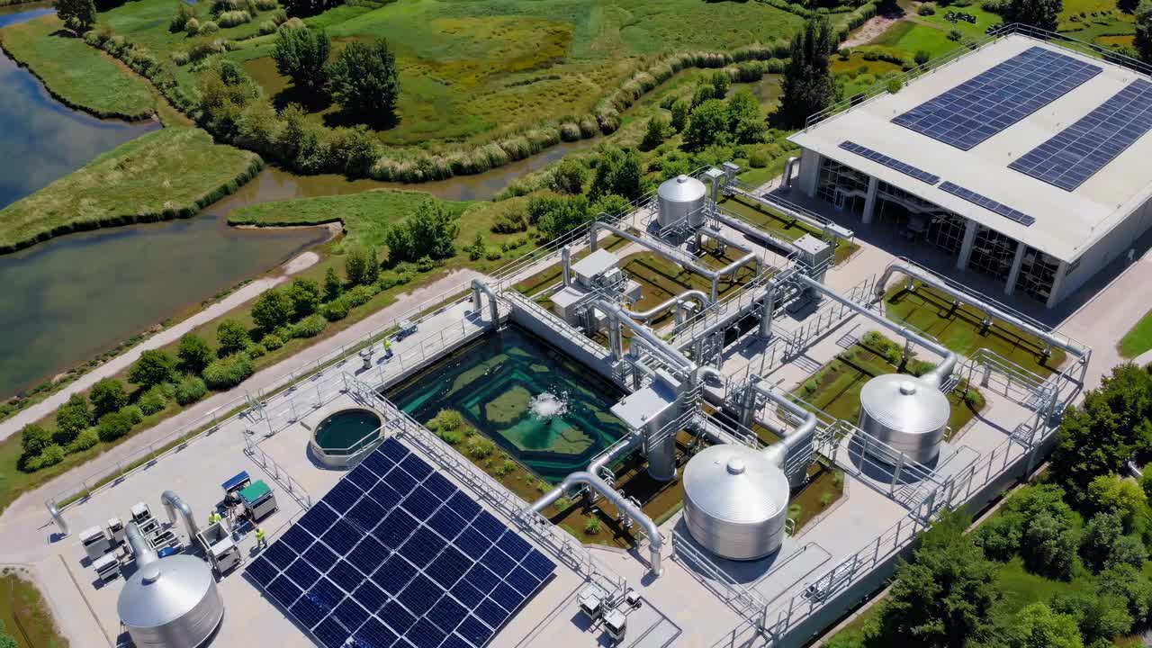 Aerial view of a solar-powered water treatment plant surrounded by greenery