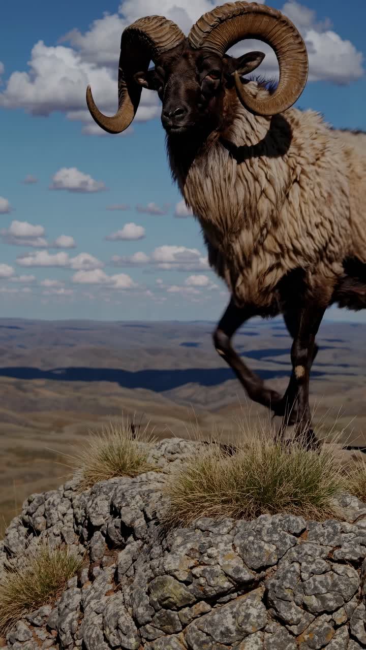 Aerial video captures a vast landscape with rocky foreground and rolling hills under a sky dotted