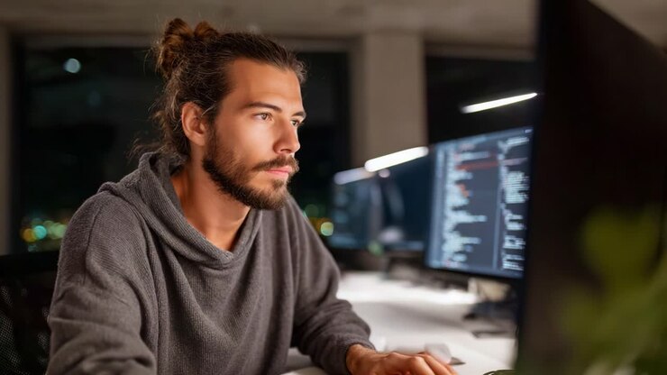 Focused Programmer Analyzing Code on Multiple Monitors in a Modern Workspace at Night with a Calm and Determined Expression