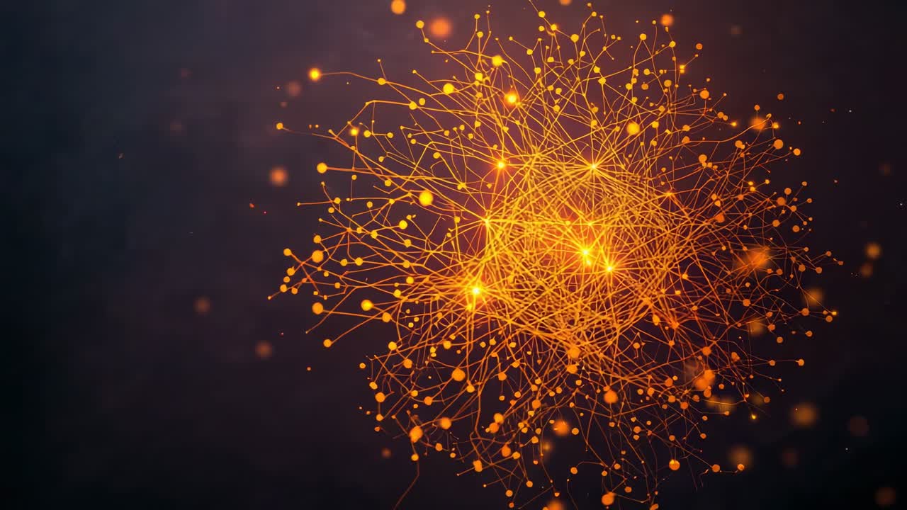 Opening glowing orange network cluster weaving lines and particle sparks in cosmic void, copy space