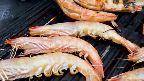 detailed view of prawns being grilled with tongs on a barbecue grill, showcasing their texture and color.