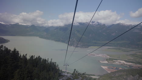 góndola y cuerdas de metal con hermosa vista primaveral de howe sound y montañas