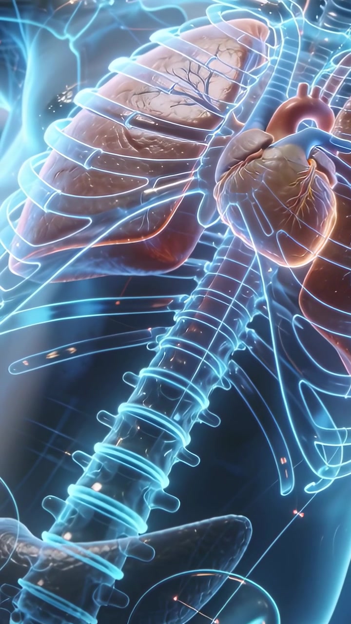 Vertical video: Zooming cam on play showing torso in render, tracing heart and lung flow for study