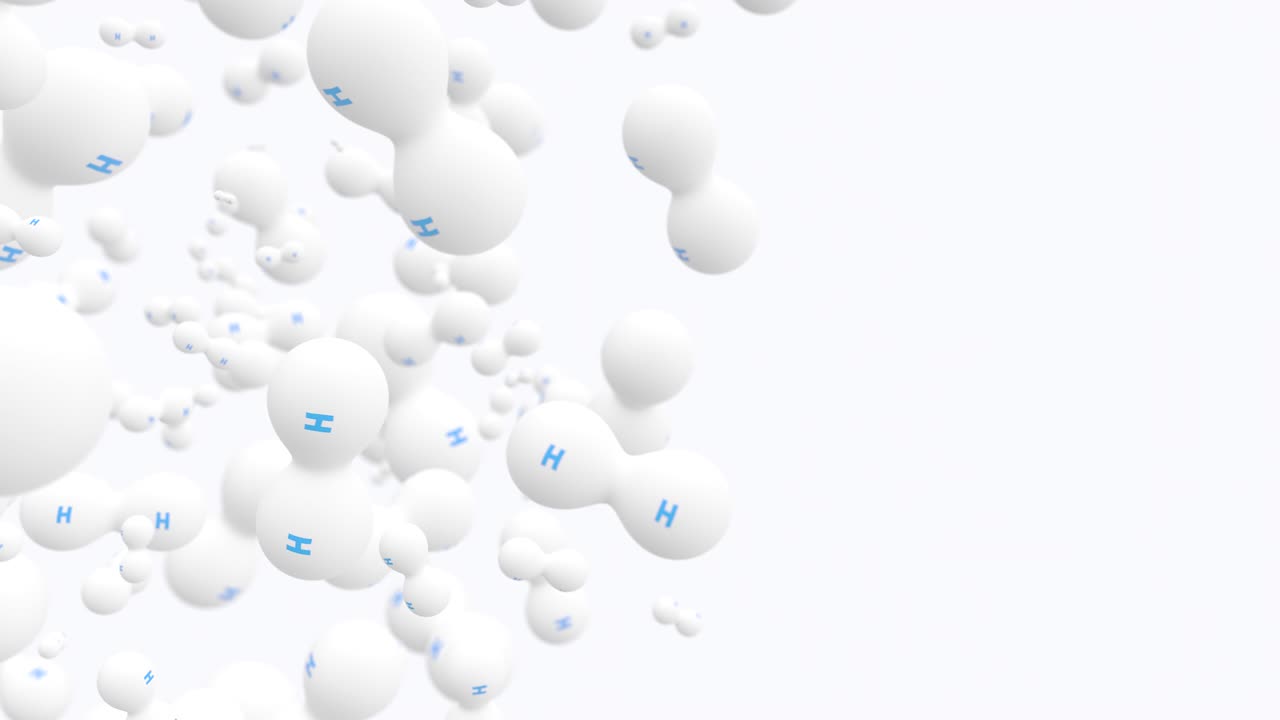 하 배경에서 회전하는 하 수소 분자 (h2 분자의 loopable 애니메이션, 공중에서 떠다니는 녹색 수소 개념)