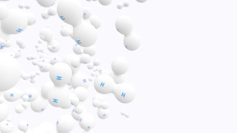 white hydrogen molecules spin on white backdrop. loopable animation of h2 molecules float in air. green hydrogen concept