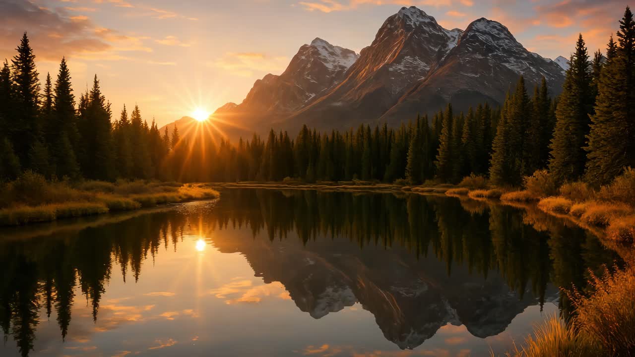 Stunning landscape video concept with a low-angle view of a serene lake reflecting mountains