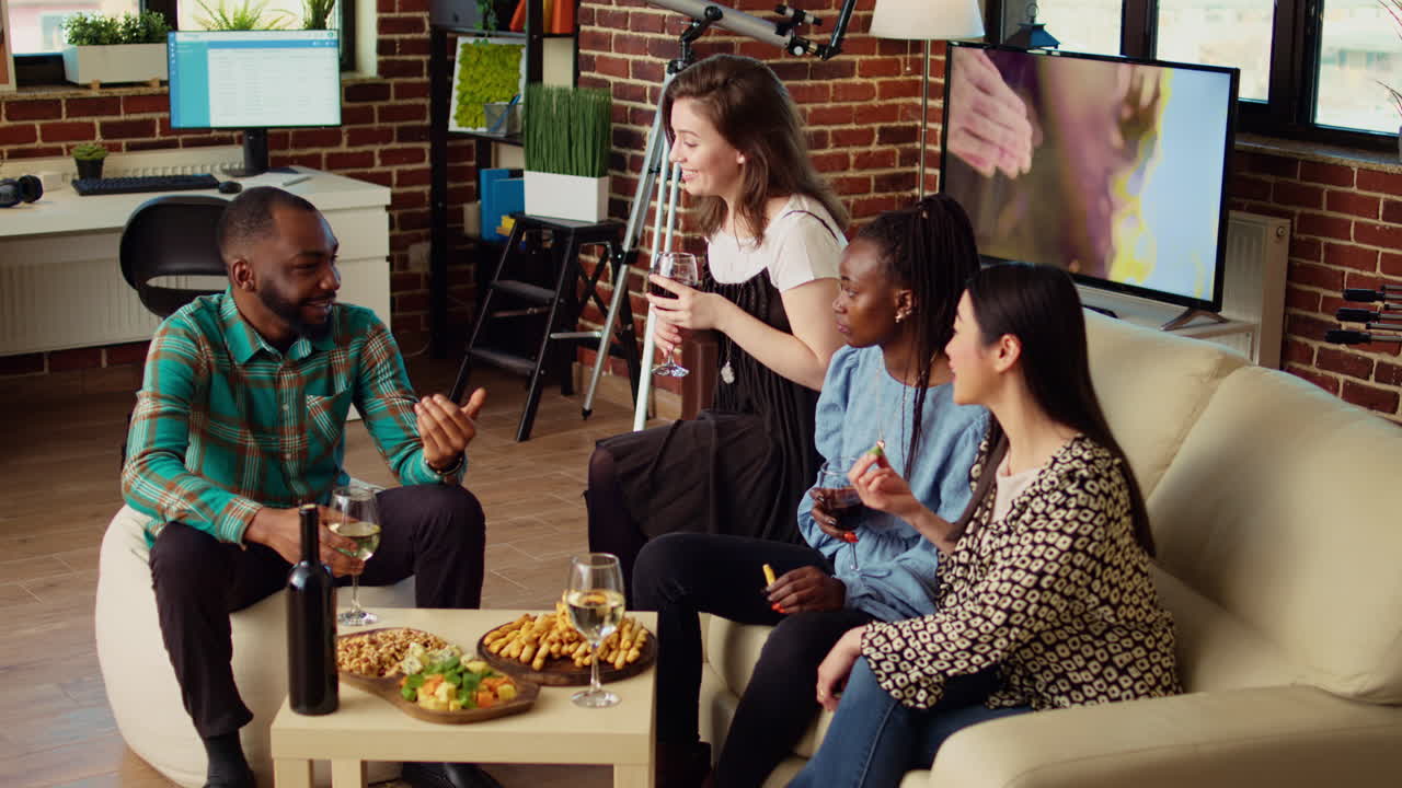 Grupo de pessoas BIPOC conversando e bebendo álcool em uma reunião social com amigos