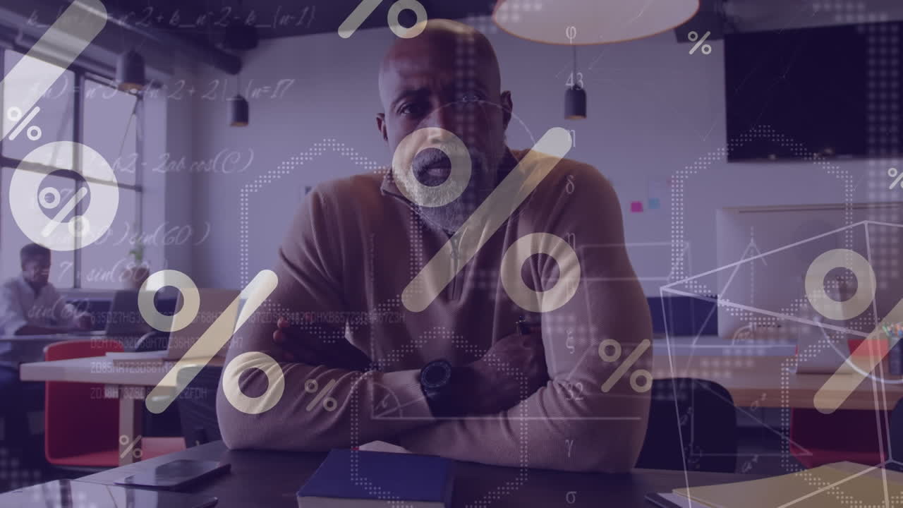 Animation of mathematical equations and symbols over african american businessman working at office