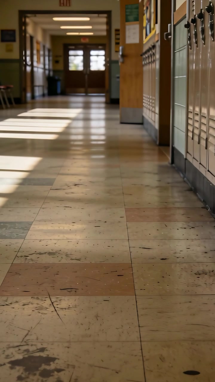 Vertical video: Camera filming empty hall floor while sun patches shifting to doors, marking time