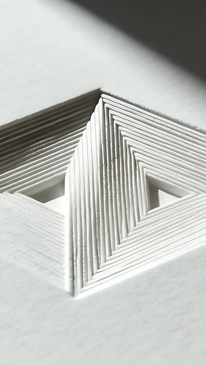 Vertical video: Shifting camera revealing layered white paper relief on table, light adding depth