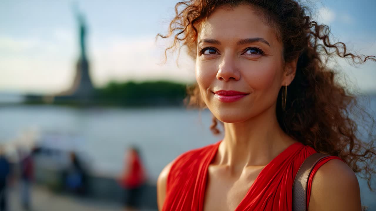 Uma mulher confiante vestindo um vestido vermelho olha para a câmera, emoldurada por um cenário pitoresco com uma estátua imponente e um ambiente sereno à beira-mar