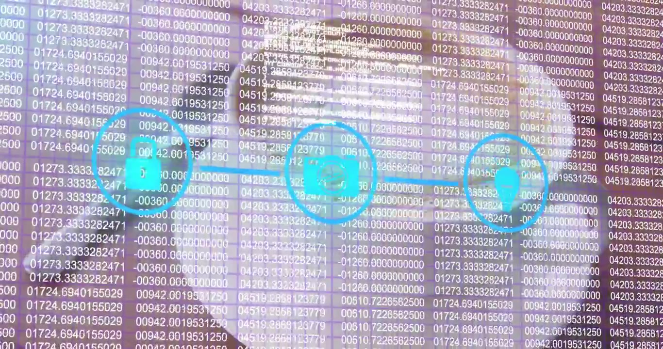 Animation of looping numbers and application icons over close up of coffee cup with froth on table