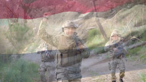 animation of flag of netherlands over diverse soldiers with armour