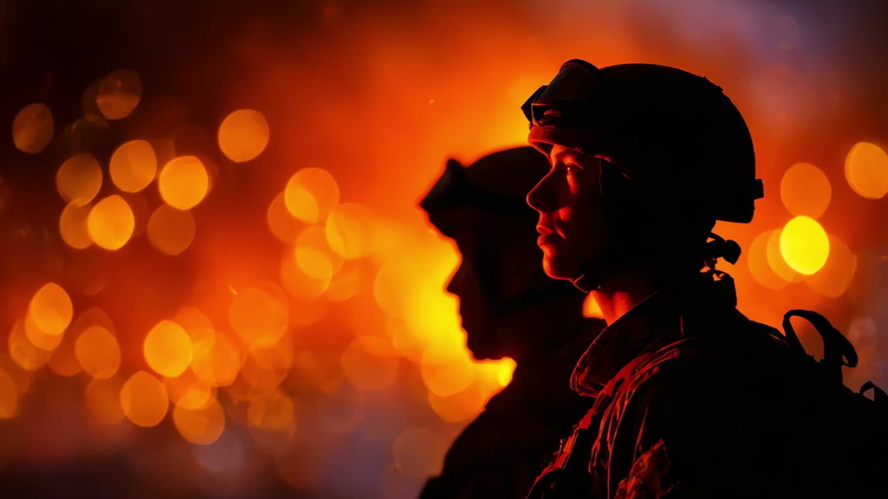 A Powerful Display of Resilience and Strength: Two Soldiers Standing in Profile Against a Dramatic Fiery Background, Symbolizing Their Commitment to Duty Amidst Turbulence and Uncertainty in Their Environment