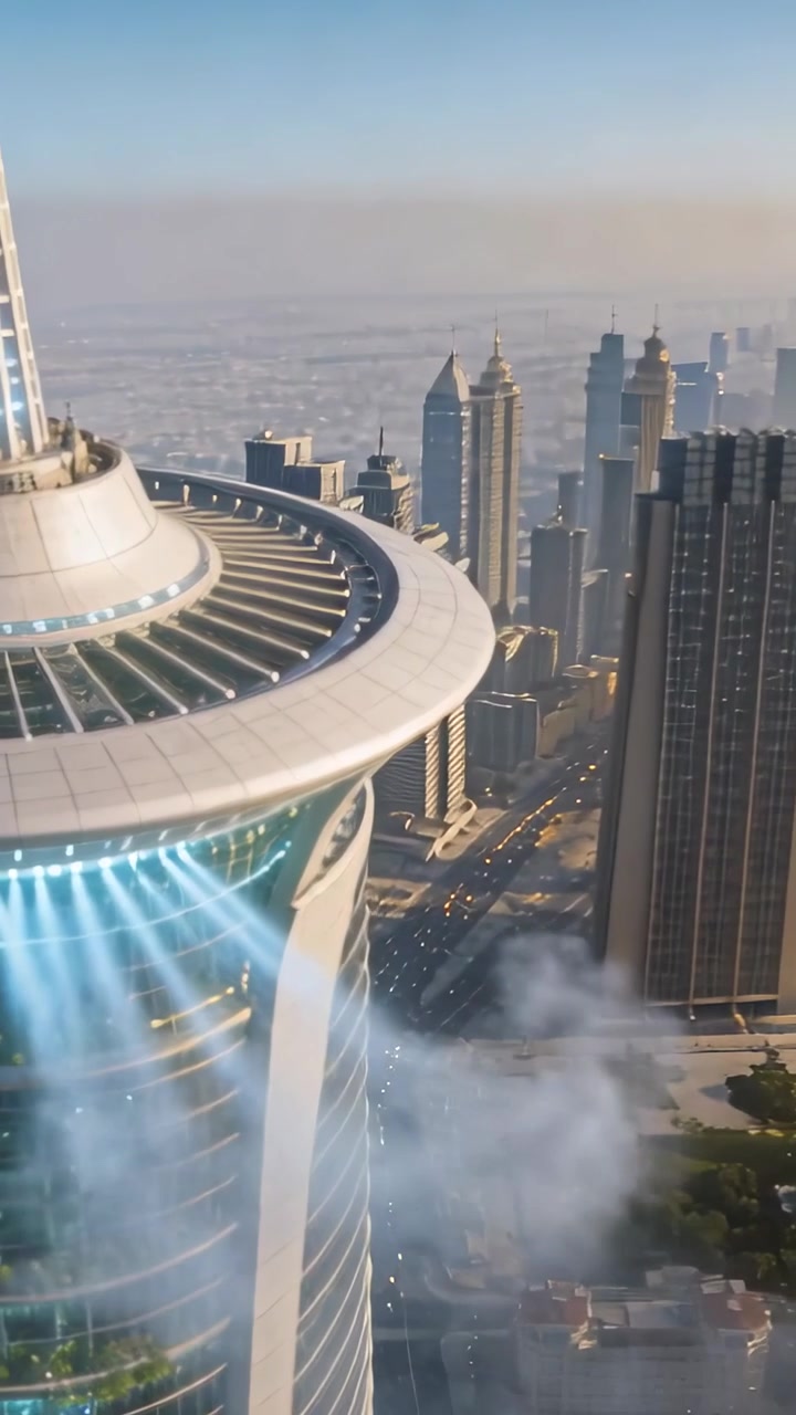 Video verticale: Drone che sale e panoramica, mostrando una torre a sinistra, nebbia che si muove bassa, bordo blu, spazio per il testo.