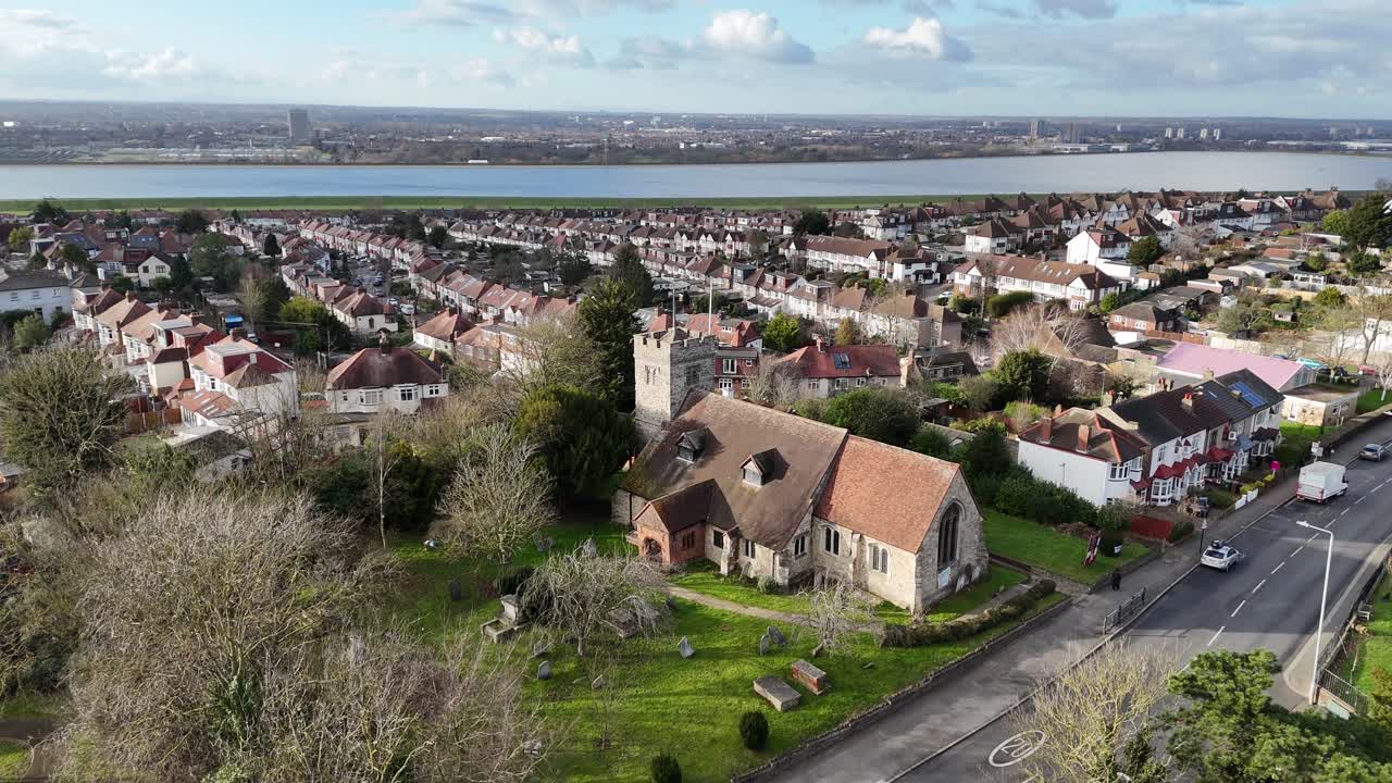 Chingford Old Church all saints , UK ,12th century, church aerial pan