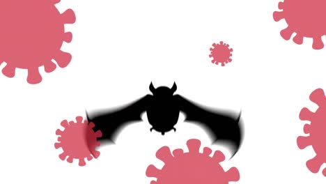 Animation-of-bat-with-multiple-covid-19-cells-floating-on-white-background