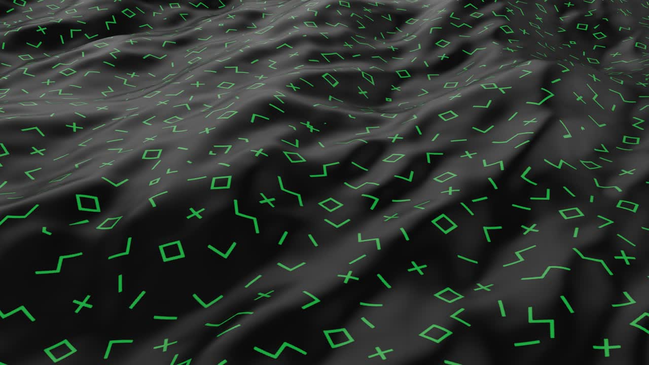 superficie lisa abstracta con ondas. tela con olas. patrón verde de símbolos en un lienzo negro. textil de lujo de moda. para publicidad, cartel, marca, web. animación 3d de bucle sin costuras. 4k