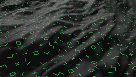 superficie liscia astratta con onde. tessuto con onde. modello verde di simboli su una tela nera. tessuto di lusso di moda. per pubblicità, poster, branding, web. animazione 3d di loop senza cuciture. 4k
