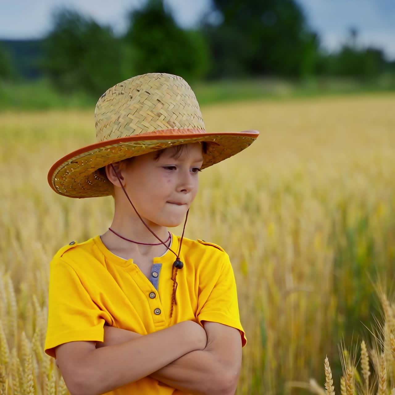 Boy in straw hat outdoors. Portrait of a little farmer on yellow field background. Cheerful kid stands among agricultural plants.