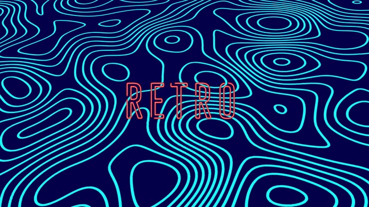 Animation of retro text over shapes on blue background