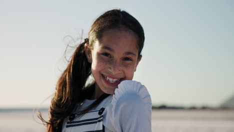 face, wind and beach with girl