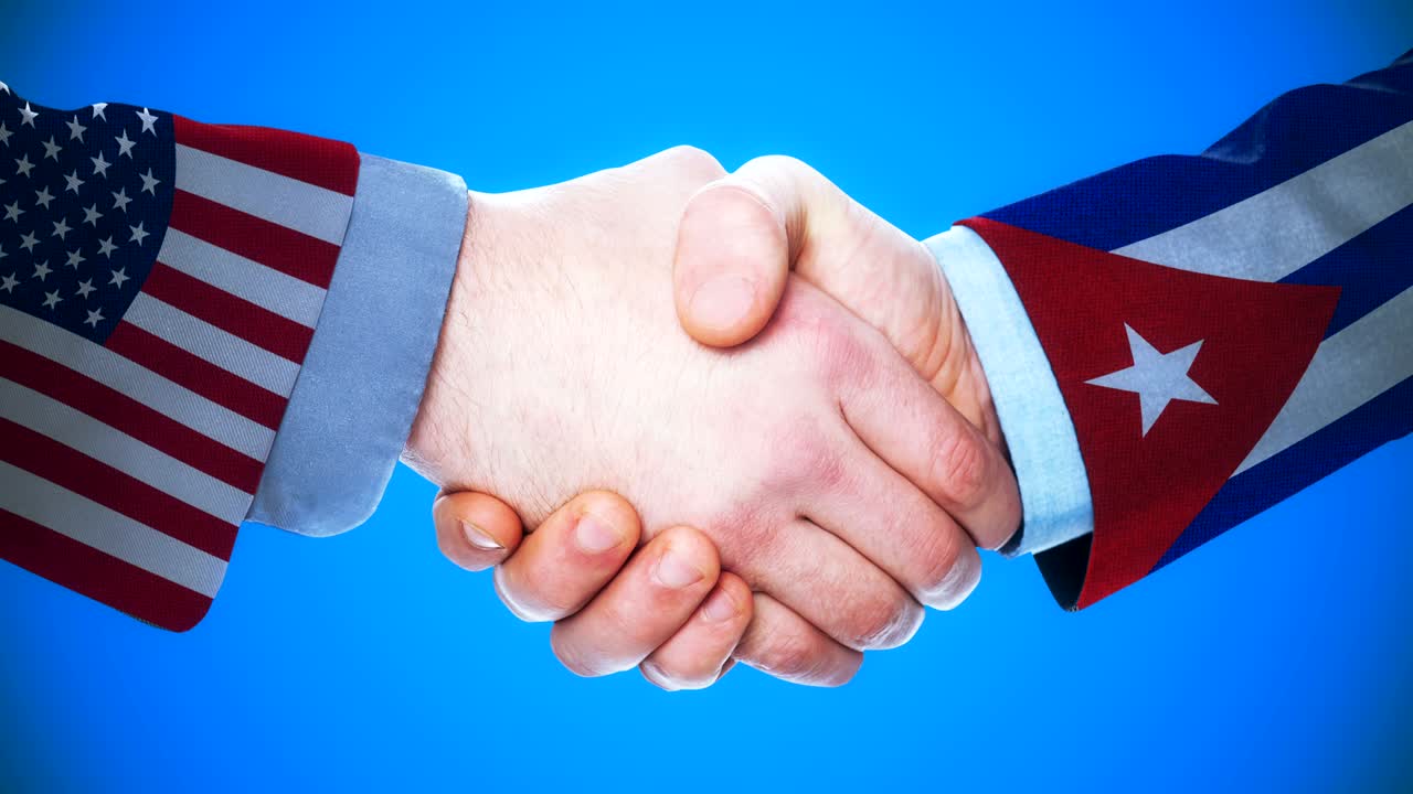 United States - Cuba / Handshake concept animation about countries and politics / With matte channel