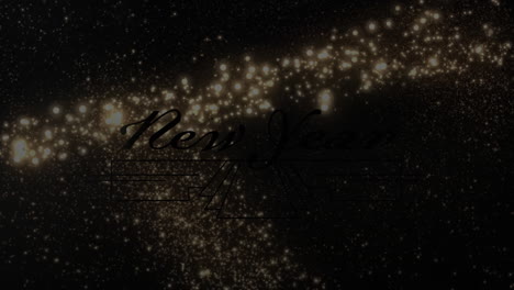 animation of glowing gold new year text with gold shooting star over black background
