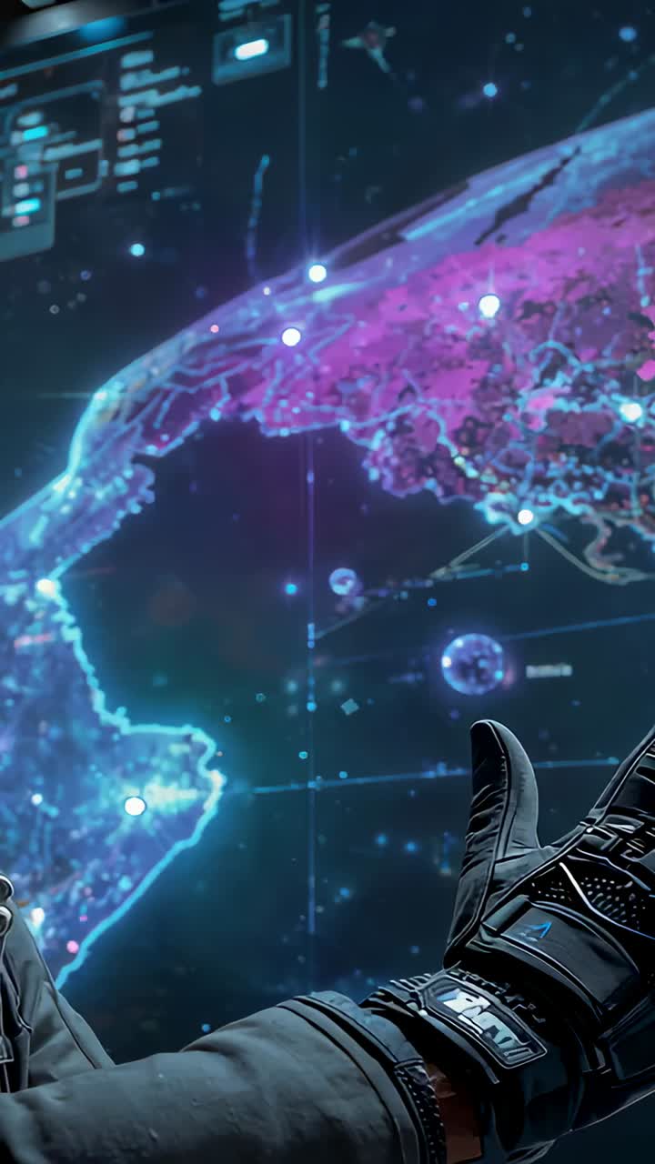 Vertical video: Gloved hands entering display, tech manipulating globe in ops room, checking nodes