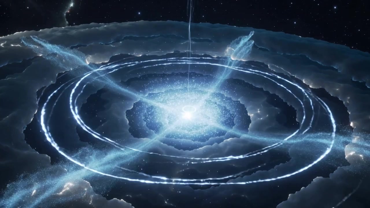 Brightening core erupting into jets and beam through concentric cloud rings in deep space, pulsing