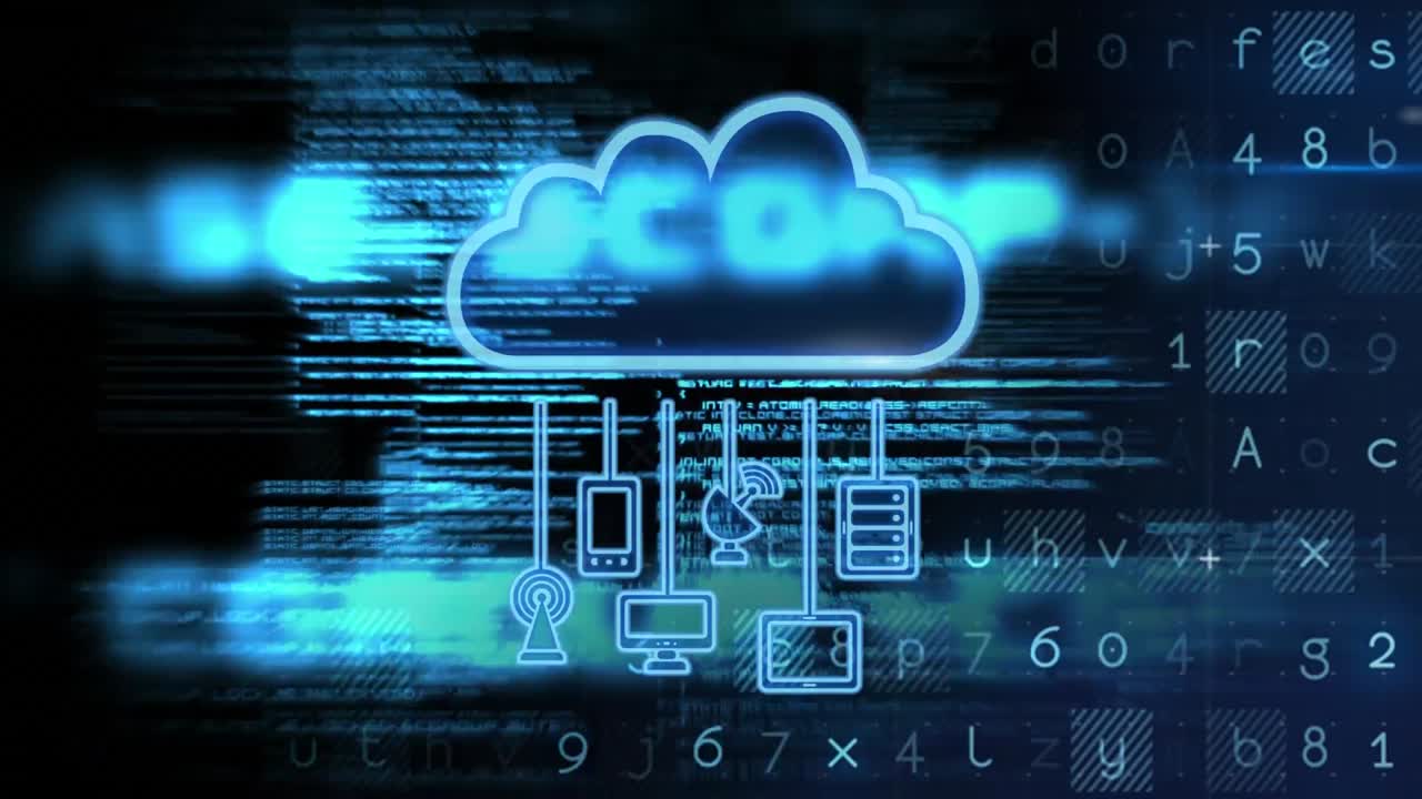 animación digital conceptual que muestra el concepto de computación en la nube 4k