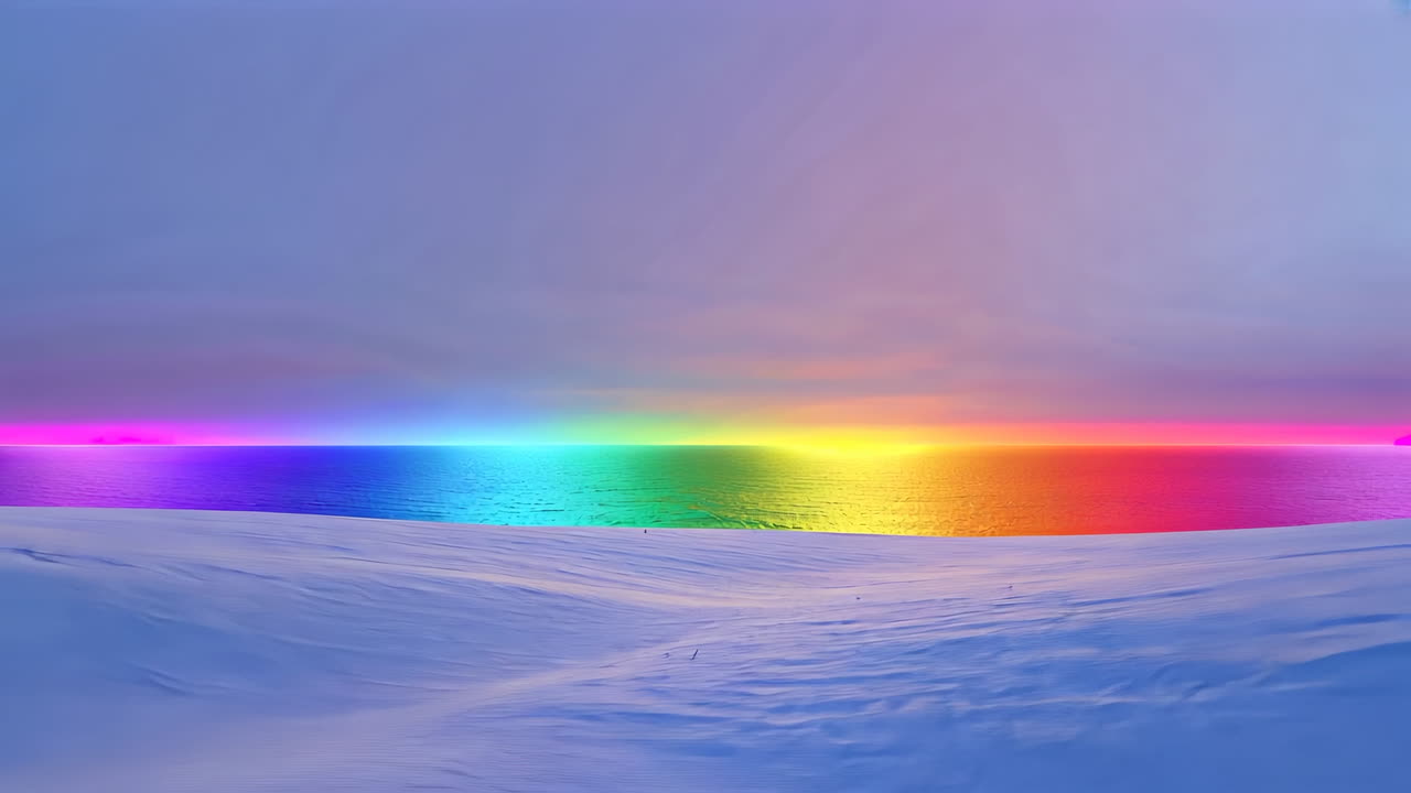 Vibrant Rainbow Horizon Over Snowy Landscape