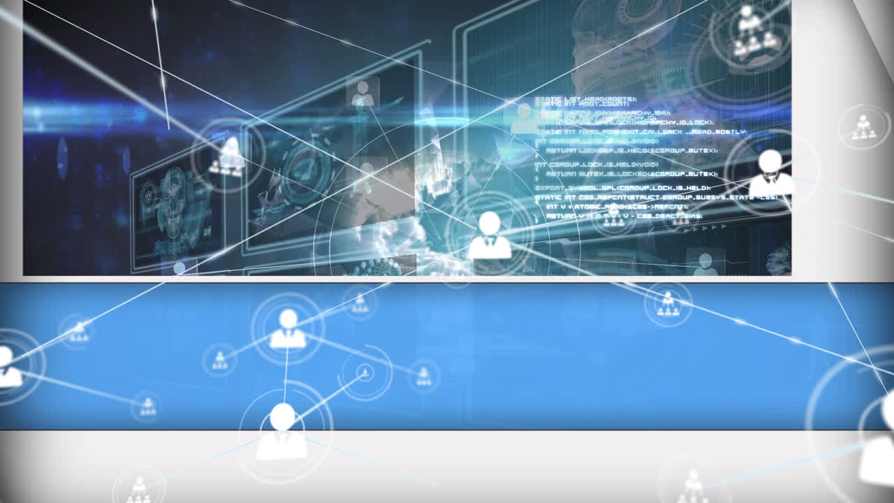 Animation af forbindelser, globus og data på digitale skærme