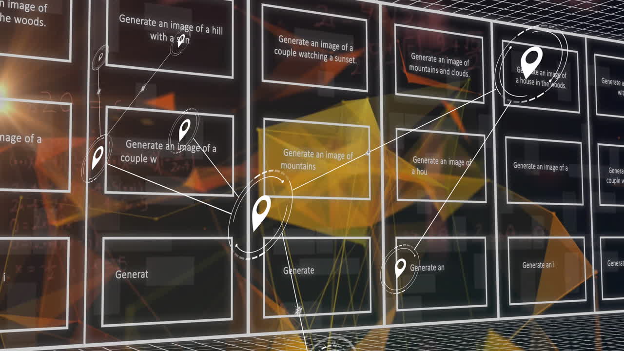 Animation of network of connections with icons over ai data
