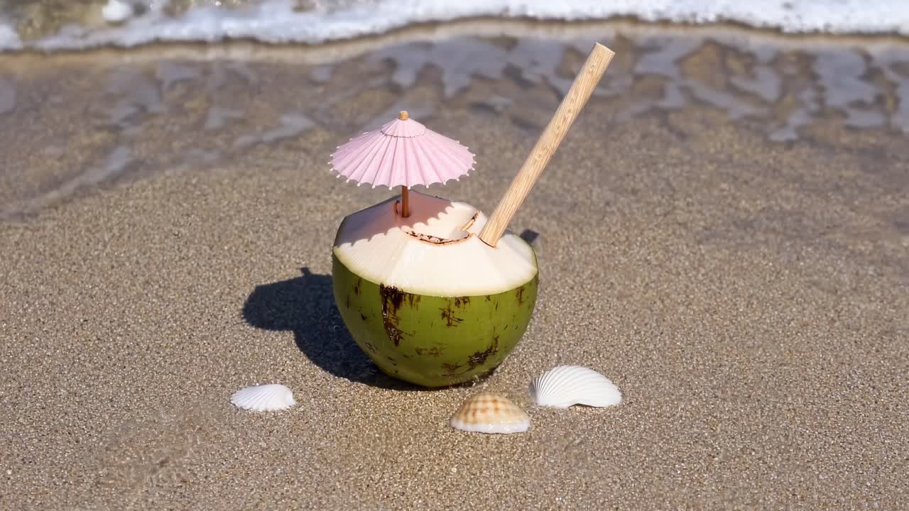 Green coconut resting on wet sand, adorned with a drinking straw and a pink parasol, surrounded by seashells as ocean waves gently approach the tropical beach