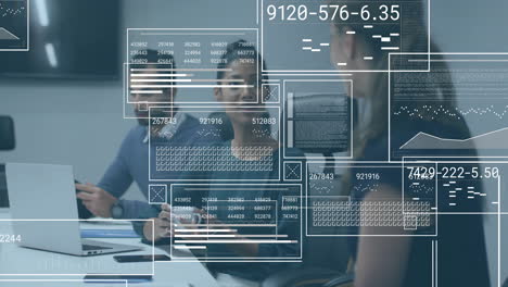 animation of data processing over diverse colleagues discussing work in office