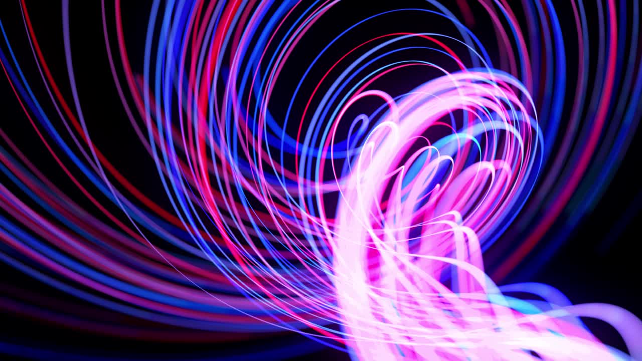 Light flow bg in 4k. Abstract looped background with light trails, stream of red blue neon lines in space move to form looped spiral shapes. Modern trendy motion design background. Light effect,