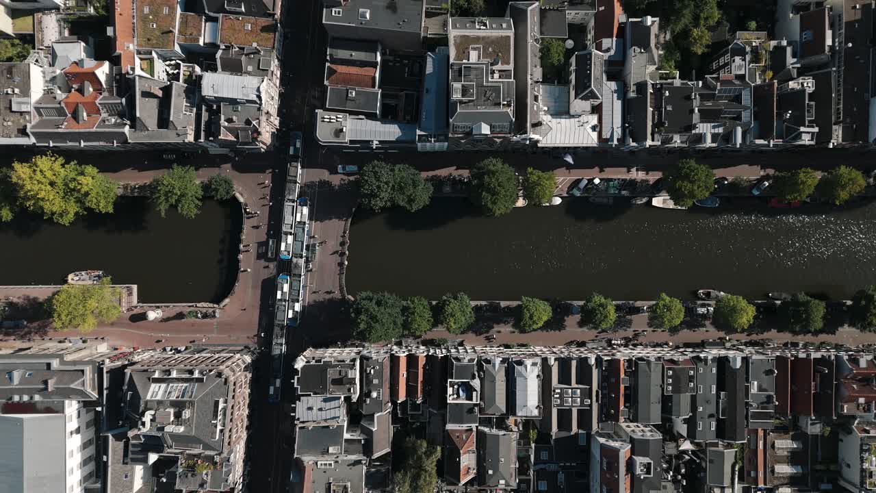 Top down drone tracking left across dense rooftops and canals of central Amsterdam, textured backdrop establish
