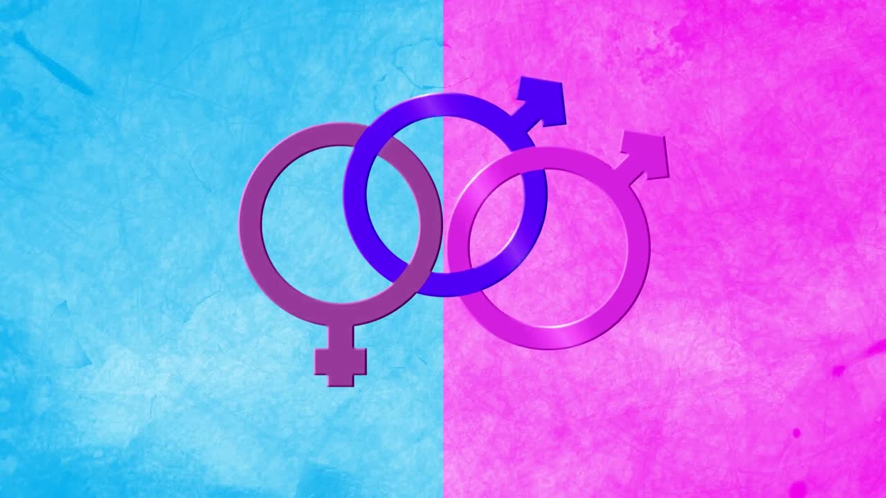 animación del símbolo bisexual, femenino púrpura y rosa y dos símbolos de género masculino en rosa y azul