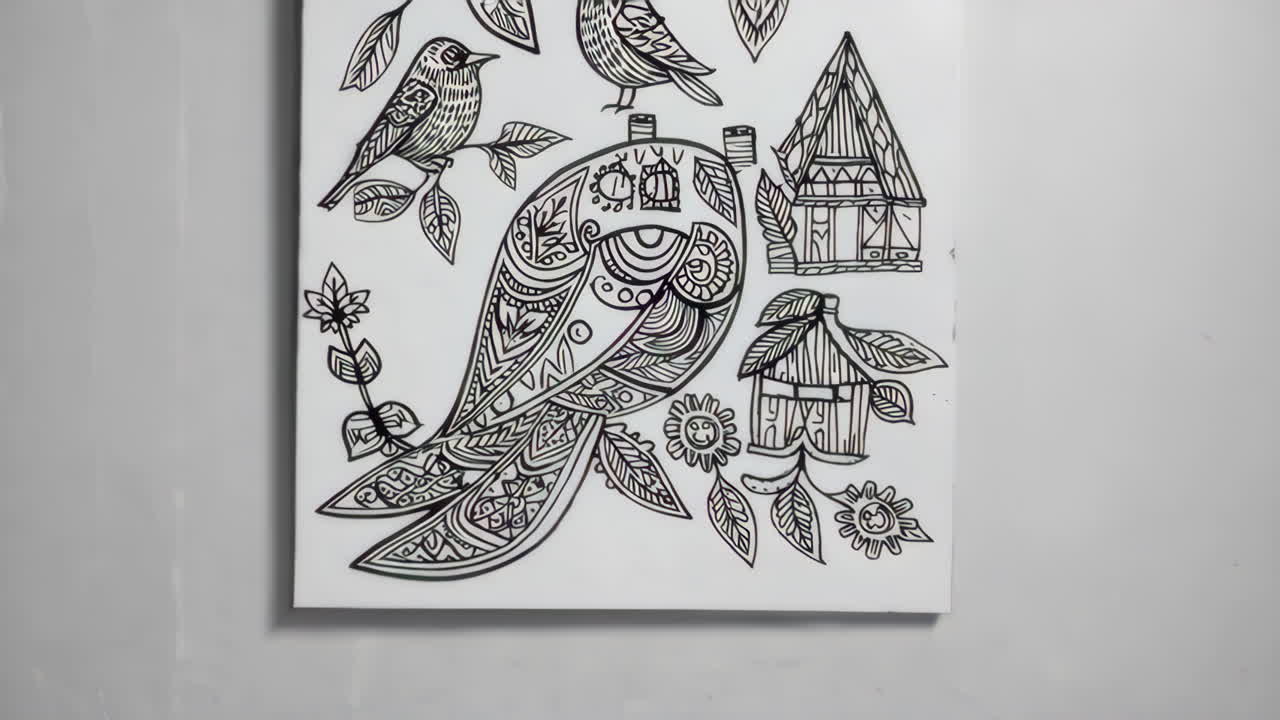 Ornate Black and White Line Art Drawing of a Bird and Birdhouse