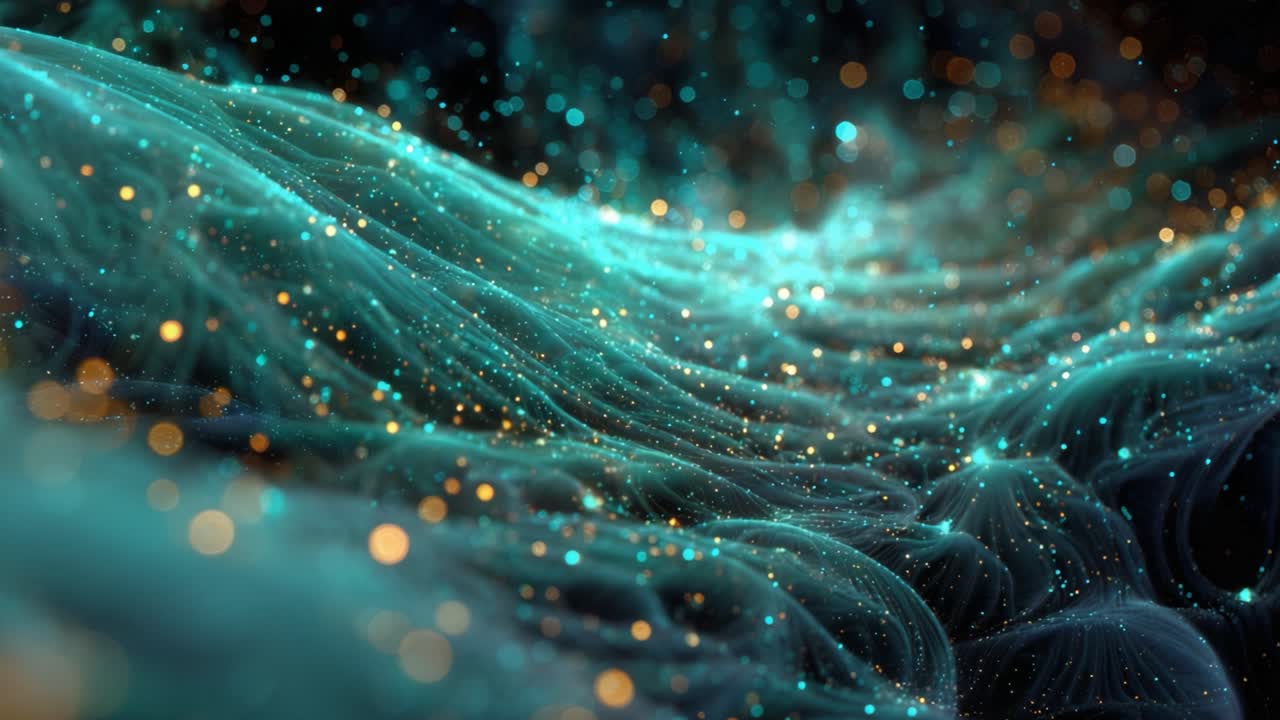 Ethereal digital landscape with turquoise light waves and golden particles flowing across a dark backdrop, creating a mesmerizing, magical, shallow depth of field effect